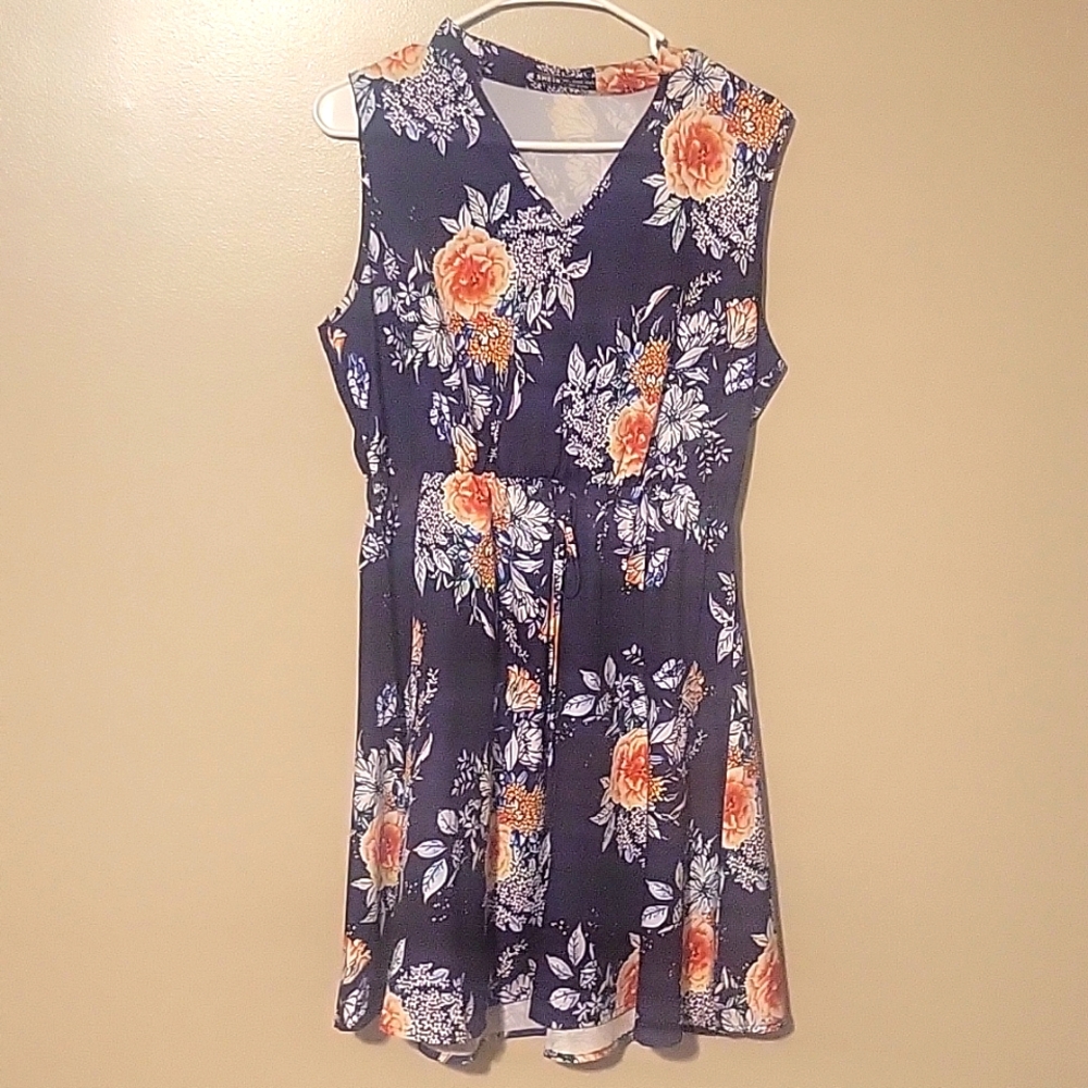 Shein Sleeveless Mini Floral Dress Navy Blue Orange Womens Size Large‎